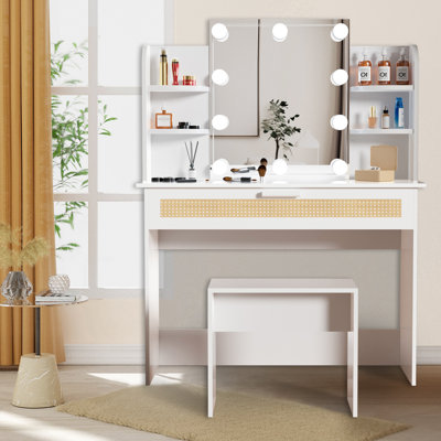 Vanity Desk Set Stool,Small Makeup Vanity With LED Lighting Mirror And Rattan Drawer -  Ebern Designs, A2DFF214472945878455F7F599A56699