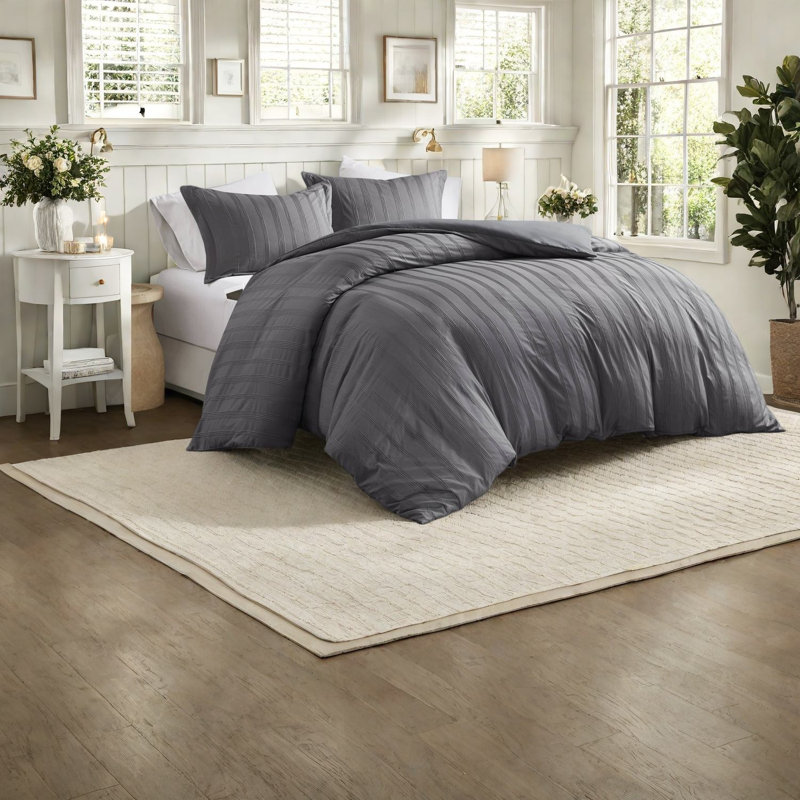 Ensembles de literie élégants, rayures gris anthracite en polyester, style moderne grand