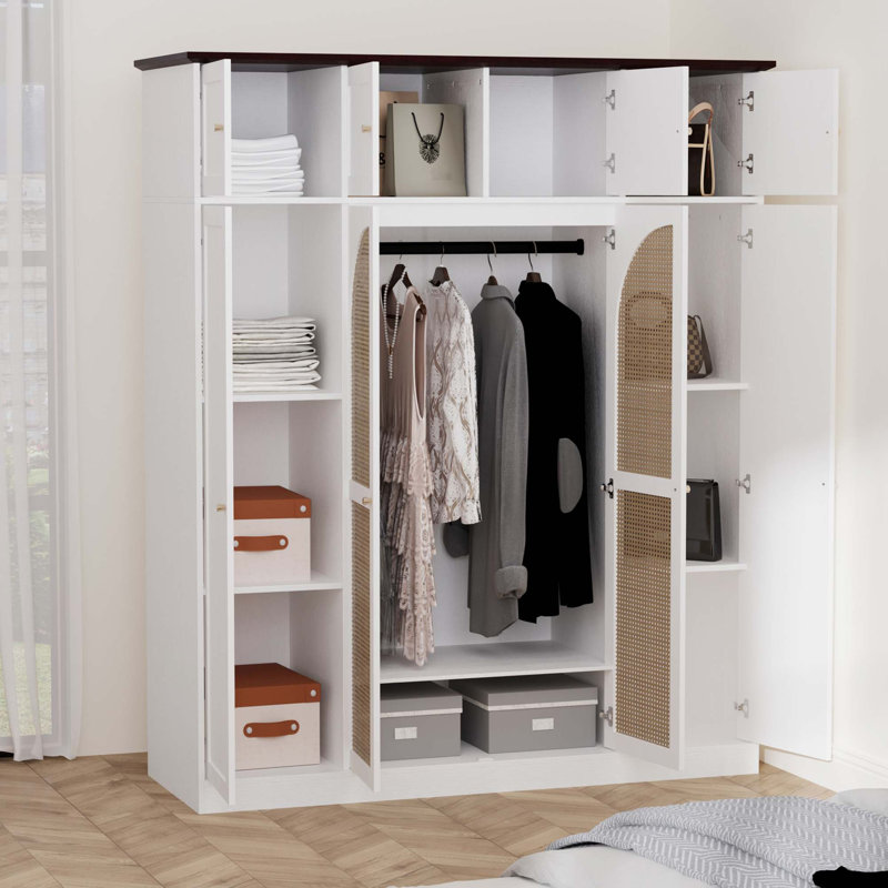 Armoire-penderie en rotin à 8 portes avec étagères réglables et tringle., White