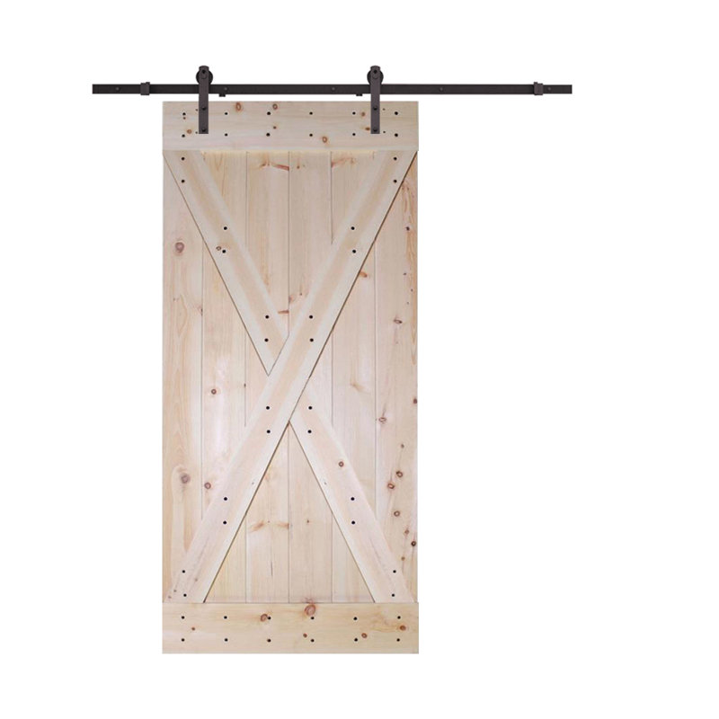 Porte de grange à panneaux en bois en X avec trousse de quincaillerie d'installation, Brut