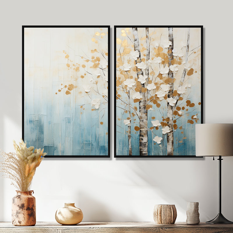Minimalisme bleu et forêt dorée I - art mural traditionnel beige 2 panneaux, H 36 po x l 48 po, Impression encadrée flottante