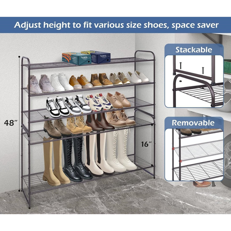 3-Tier Long Metal Shoe Rack, Wide Stackable Wire Grid, Brown