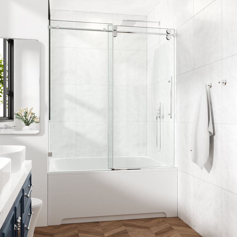 62-67" W X 60" H Frameless Single Sliding Shower Tub Door with 3/8" (10mm) Clear Tempered Glass, Shatter-Resistant Film & Installation Hole Locator - Round Top Rail