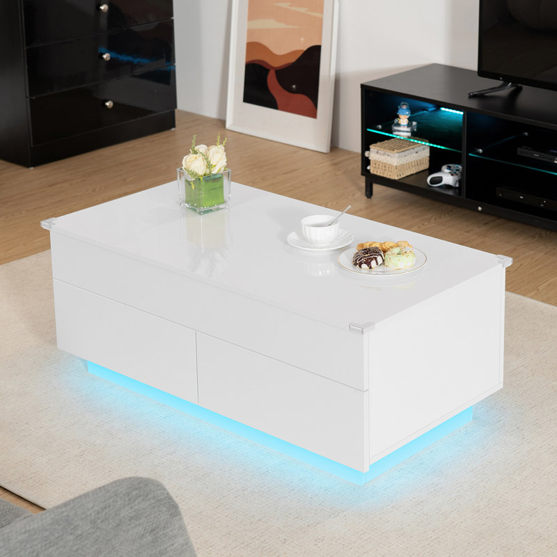 Table basse à plateau relevable avec 2 tiroirs et lumière DEL intelligente, Blanc