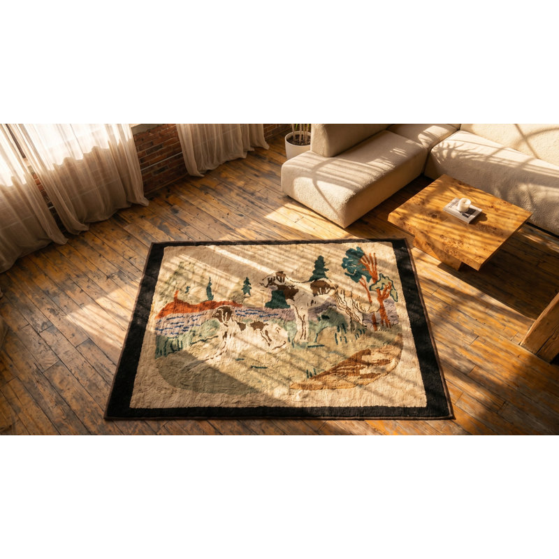 Antique Pictorial American Folk Art Dog Pattern Hooked Animal Rug