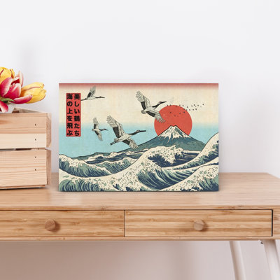 Flying Cranes Over Mount Fuji Abstract Contemporary Wall Art Print 1 Piece Wrapped Canvas Wall Art
