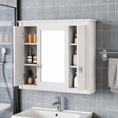 Armoire à pharmacie murale avec portes miroir, 5 tablettes réglables, armoire de rangement blanche au-dessus de la toilette