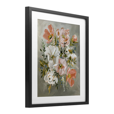 «Peachy Flowers on Grey», reproduction sous verre encadrée, conception par Annie Quigley