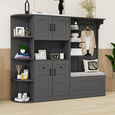 Combinaison armoire de rangement et arbre d'entrée, avec crochets, armoire de rangement, tablettes ouvertes et banc à chaussures