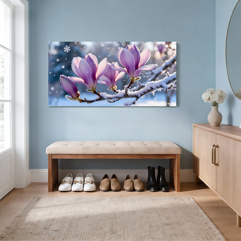 Ensemble de 1 tableau sur toile représentant des fleurs de magnolia enneigées, H 12 po x l 36 po