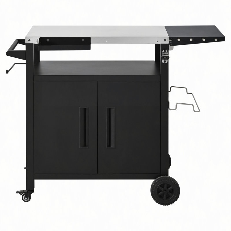 Outdoor Grill Cart with Storage Cabinet, Outdoor Metal Kitchen Island with Foldable Table, Pizza Oven Table with Wheels & Stainless Steel Top & Hooks & Spice Rack for BBQ,Waterproof Cover Included