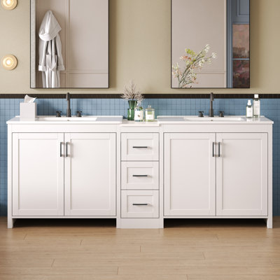 Meuble-lavabo double en céramique avec comptoir en quartz
