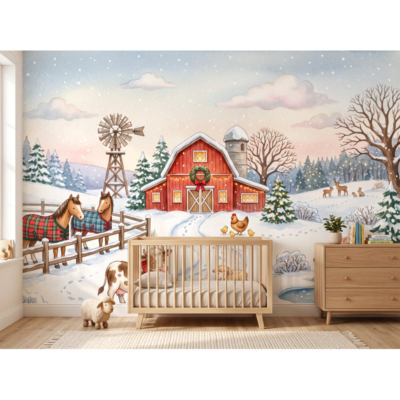 Animaux de ferme, hiver, graphiques muraux, animaux de ferme, 40 po x 60 po, Texture de toile de luxe