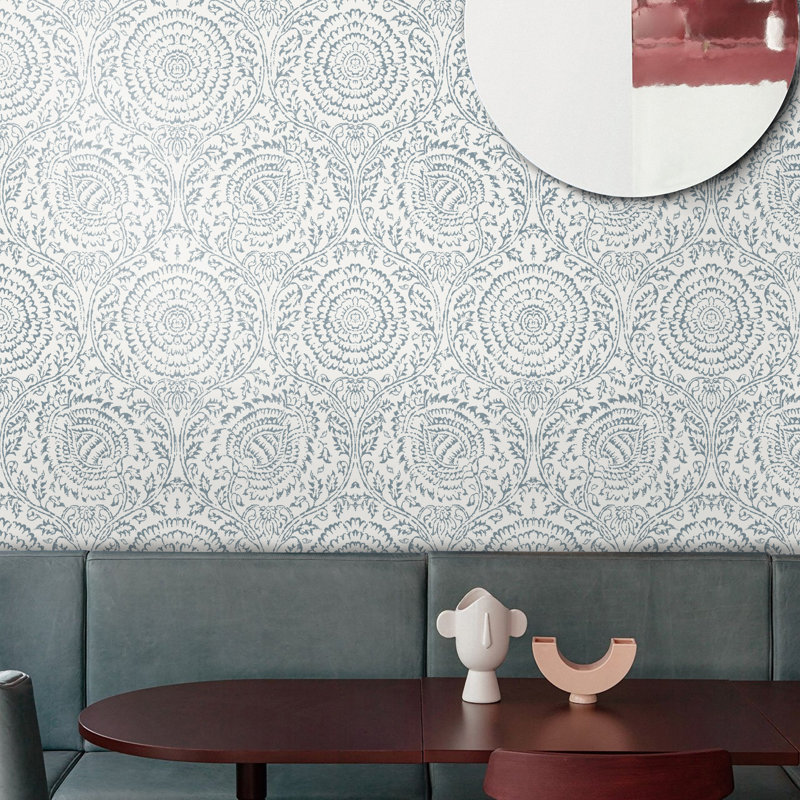 Shabby Chic White And Blue Damask Floral Wallpaper