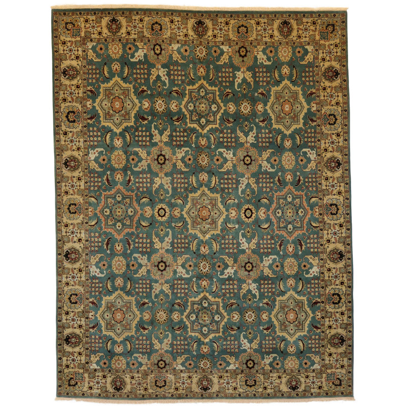 Oriental Hand-Knotted Wool Blue/Ivory Area Rug, Rectangle 12'1" x 14'8"