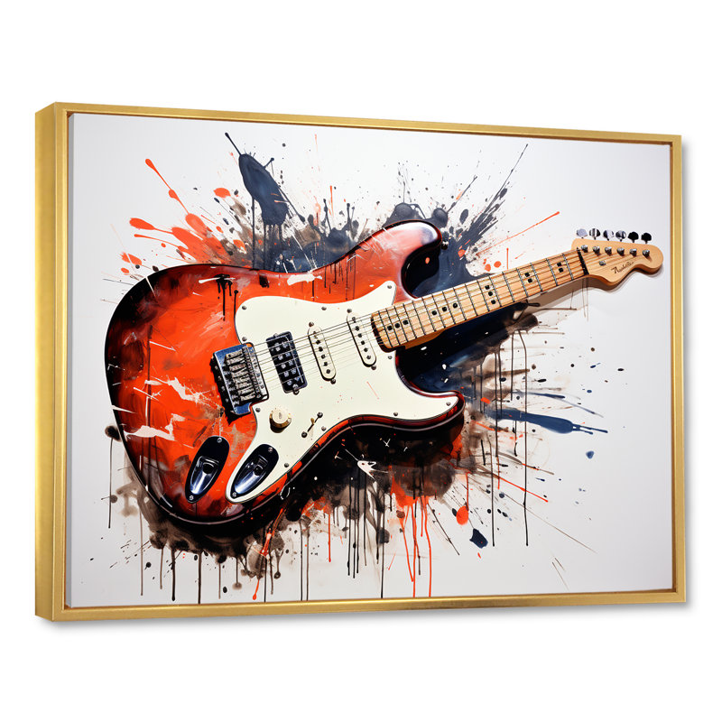 «Red Fluid Brown», guitare, art mural, Cadre flottant doré, H 30 po x l 40 po x P 1,5 po