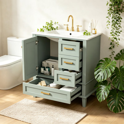 Meuble-lavabo moderne de 30 po avec lavabo, porte à fermeture douce et 3 tiroirs, structure en bois massif pour le rangement et le style