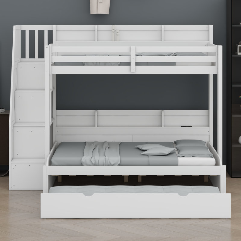 Lit mezzanine peu encombrant avec marches de rangement, lit gigogne caché, tablettes, lumières DEL RVB et prises USB, Blanc