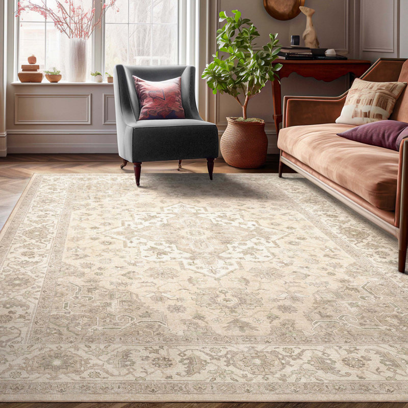 Apollo Cedar Beige Green Medallion Oriental Area Rug, Rectangle 6' x 9'