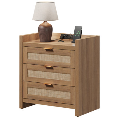 Ashvir Rattan 3-Drawer Nightstand With Built-In Outlets by Millwood Pines