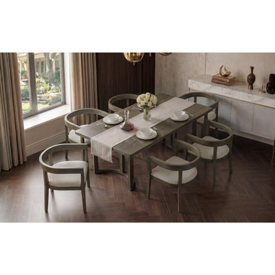 TREXM 7 Piece Dining Table Set for 6, Rectangular Kitchen Table Set with 6 Upholstered Barrel-Back Chairs, Wood Grain Dining Room Table with Curved Ch