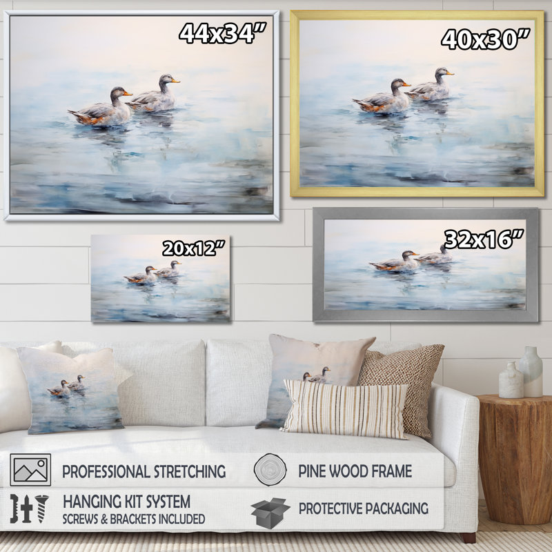 «Brown Ducks», reproduction sur toile, Cadre simple blanc, H 34 po x l 44 po x P 1,5 po