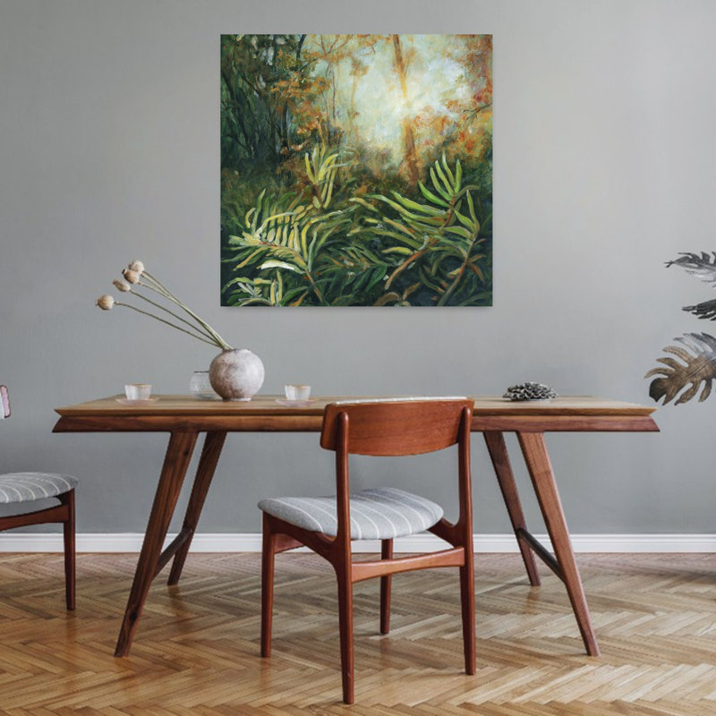 «Sunlit Forest Glade», art mural abstrait contemporain, paysage de forêt fougère mystique, H 32 po x l 32 po