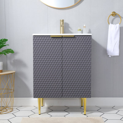 Meuble-lavabo simple autoportant 24 po gris avec plateau en céramique blanche 24 po