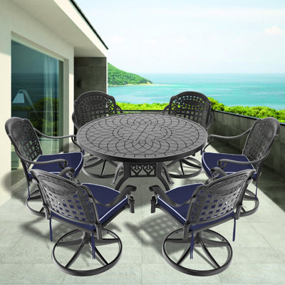 7 ensembles de salle à manger d'extérieur 7 avec 6 chaises rotatives et une table ronde de 47,24 po, aluminium, structure noire, spacieuse, rembourrée en fonte d'aluminium protégée, rembourrée