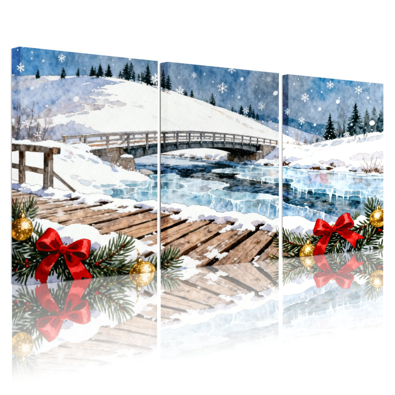 Paysage de Noël d'hiver avec pont enneigé et rivière, ensemble de 3 impressions sur toile, H 30 po x l 60 po
