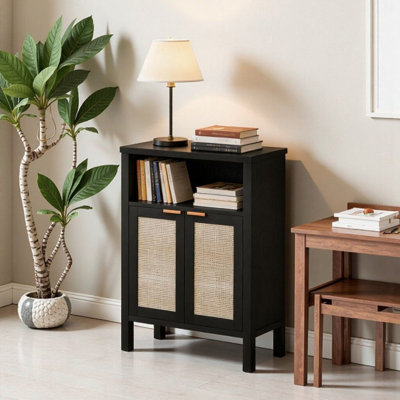 Armoire de bar de style nordique avec portes en rotin et tablette réglable - Buffet de rangement en noir patiné