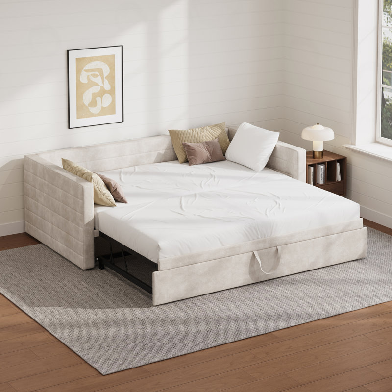 Structure de lit simple rembourrée avec lit gigogne allongé, Beige