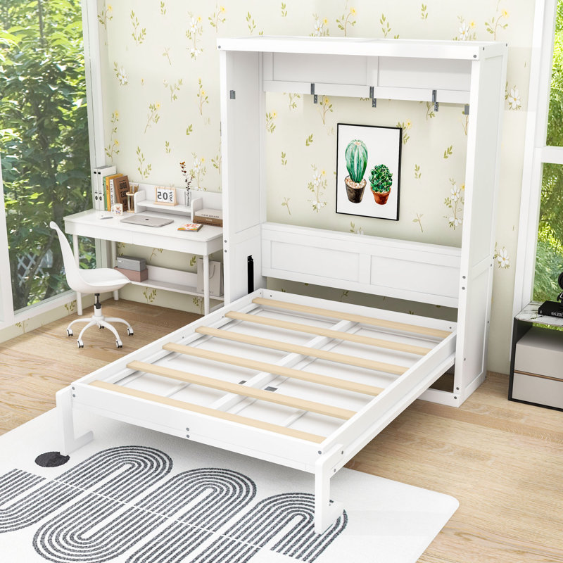 Lit escamotable en bois avec lattes robustes, conception pliable peu encombrante, Lit double, Blanc