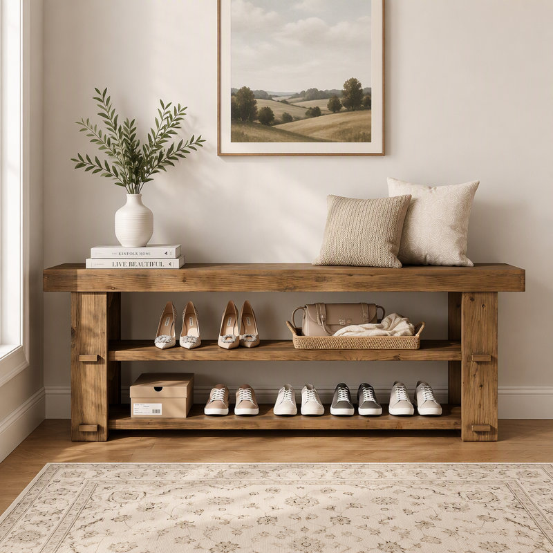 Banc de rangement pour chaussures 55 pouces, banc de rangement à chaussures à 2 niveaux, Noyer, Noyer