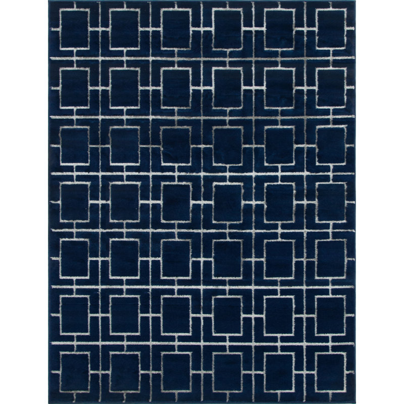 Glam Navy Blue Silver Area Rug, Rectangle 7'10" x 10'