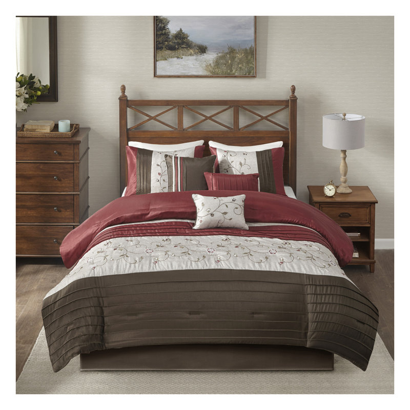 Ensemble d'édredon pour grand lit brodé rouge élégant avec coussins et taies décoratives 7 pièces Elegant