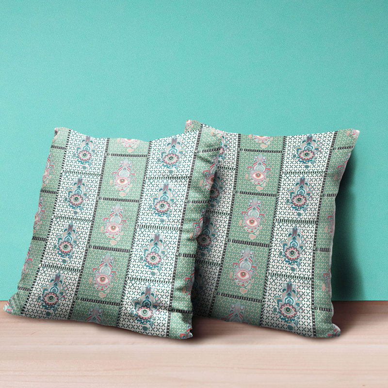 White and Green Faux Suede Hamsa Hand Paisley Throw Pillow