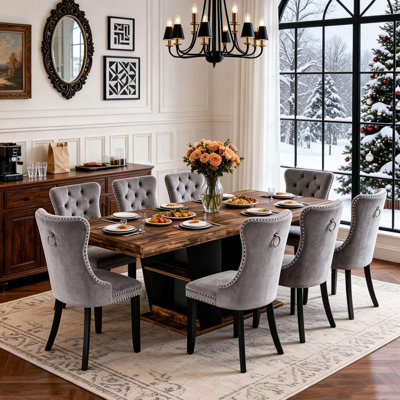 63"-78.7" Farmhouse Extendable Dining Table Set with Storage Shelves & Velvet Upholstered Chairs, Water-Resistant Rustic Finish, Whisper-Quiet Slide, Seats 4-8