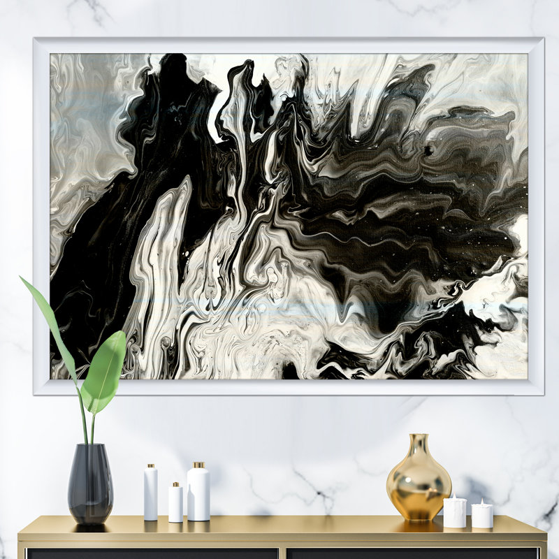 Blanc, gris et blanc, marbre peint à la main acrylique - reproduction d'art sur toile, H 24 po x l 36 po x P 1 po