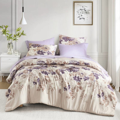 Lit double taupe à motif floral dans un sac avec édredon, draps, 2 taies décoratives, 1 drap plat, taies d'oreiller ajustées, imprimé en microfibre douce, aquarelle florale, microfibre brossée de taille rembourrée, diamant assorti