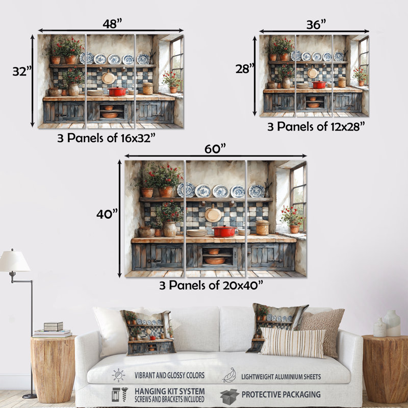«Gray Country Kitchen Rustic Charm I», ensemble d'art mural de cuisine, H 28 po x l 36 po x P 1 po, Métal métal