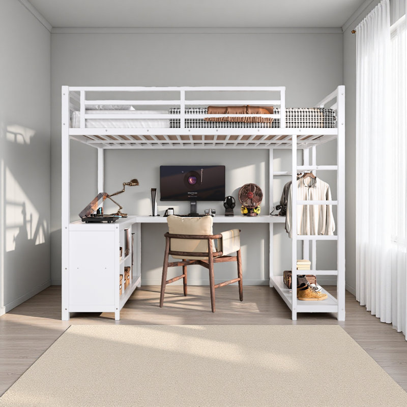 Lit mezzanine en métal avec garde-robe et bureau en L, Lit double