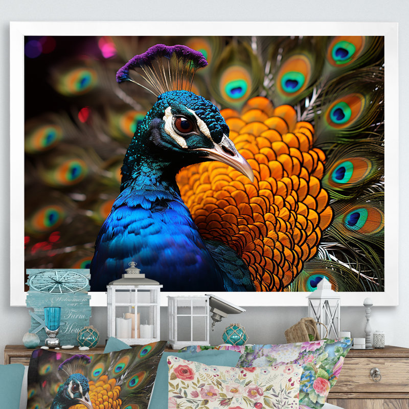Majestic Colorful Peacocks Harmony sur toile, H 34 po x l 44 po x P 1,5 po, Cadre photo blanc