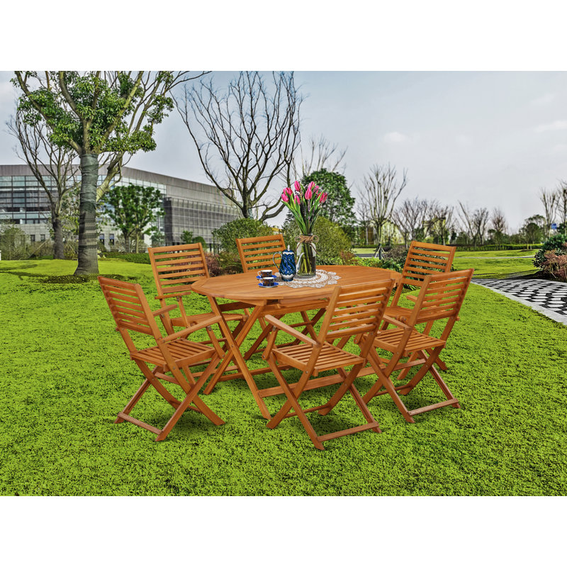 7 Piece Outdoor Patio Dining Sets Consist of an Oval Acacia Wood Table and 6 Folding Arm Chairs, 36x60 Inch, Natural Oil