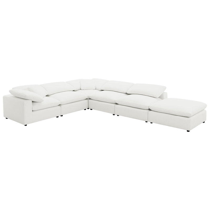 Ivory Fabric Six-Piece Modular Sectional Sofa with Ottoman