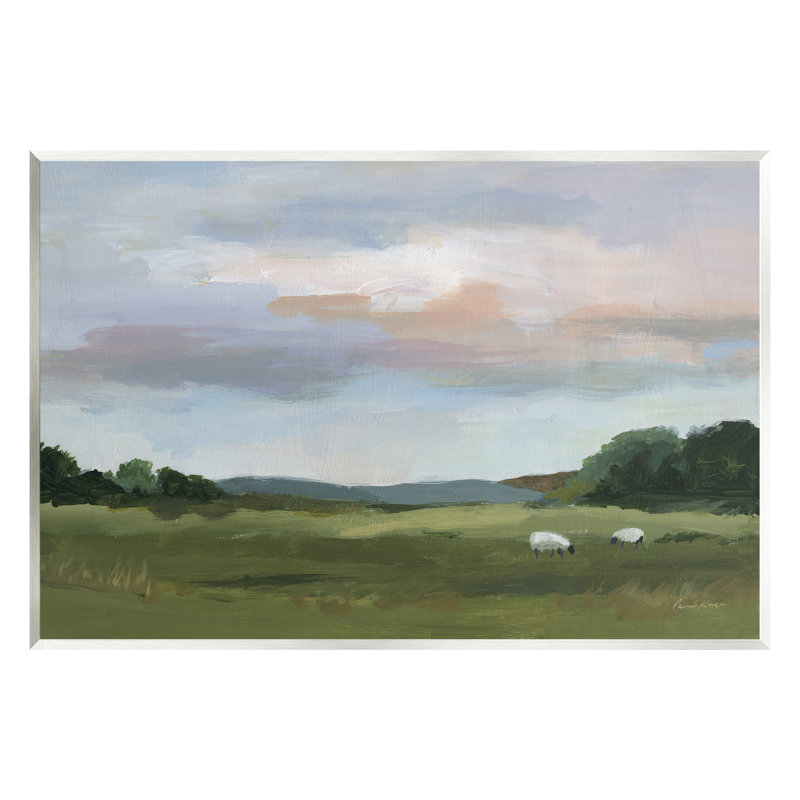 Az-296 - Peinture encadrée de moutons dans un champ champêtre, H 10 po x l 15 po x P 0,5 po