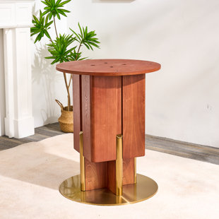 Round Restaurant Dining Height Pedestal Table Base With Free-Standing Solid Wood Table Height Column & Heavy Gold Metal Plate Base