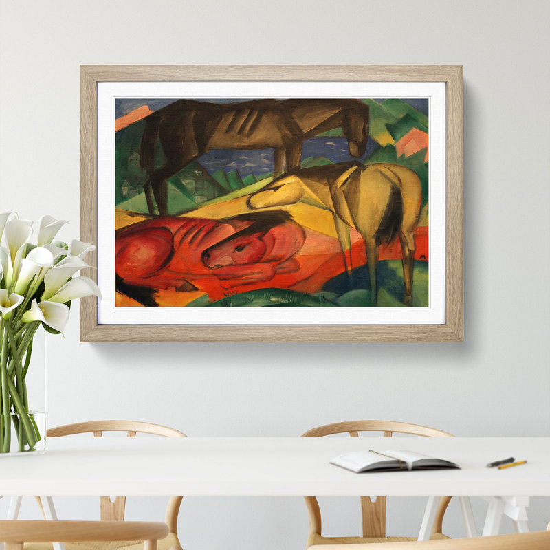 Three Horses by Franz Marc - Picture Frame Painting, 27cm H x 36cm W x 2cm D, Oak