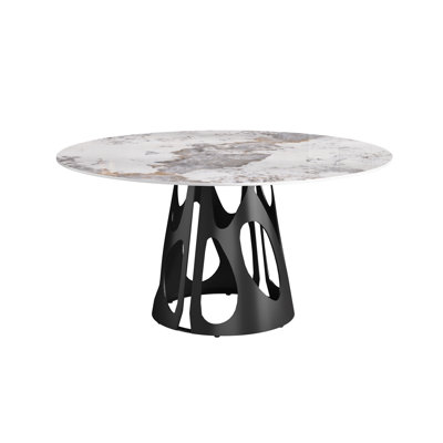 6-8 People 60.65" Round Dining Table, White Sintered Stone Top & Black Iron Base, Contemporary Look, Room Easy Maintenance,