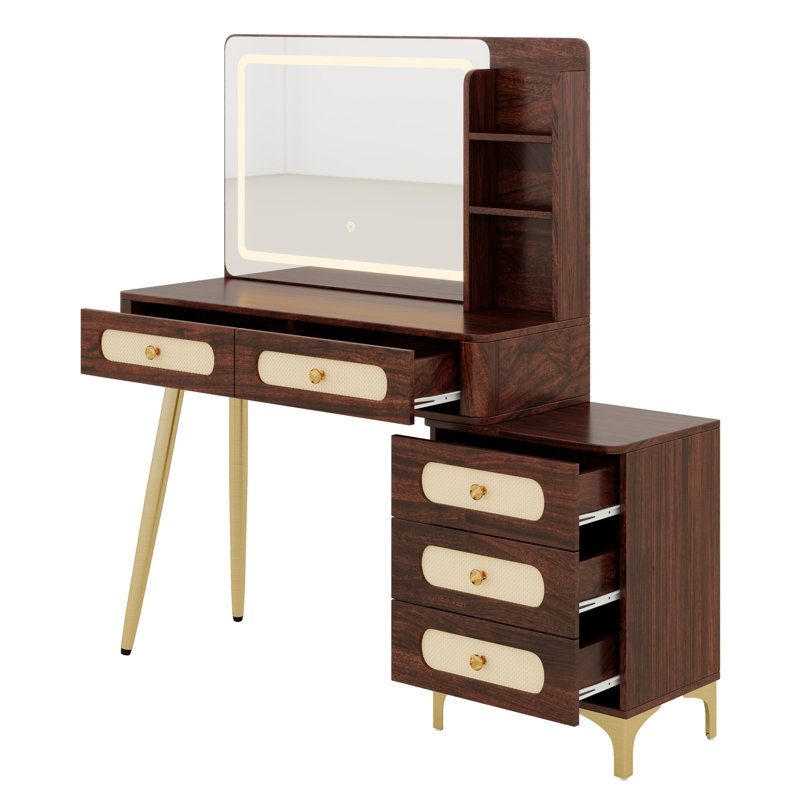 Coiffeuse rétro avec miroir, 5 tiroirs, tiroir d'appoint en rotin et tablette de rangement, Brun